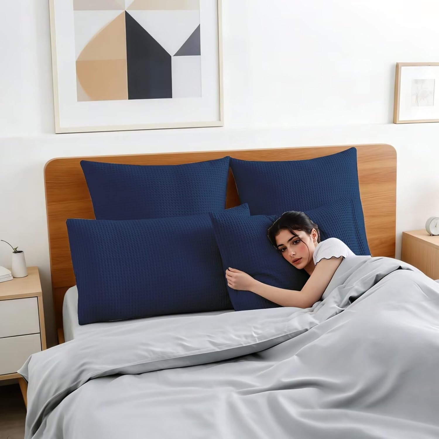 100% Cotton Waffle Weave Pillow Shams Set of 2, 600TC Solid Reverse Side, Envelope Closure, Skin-Friendly & Durable Decorative Pillow Covers for Bed, Navy Blue, King Size 20"X36"