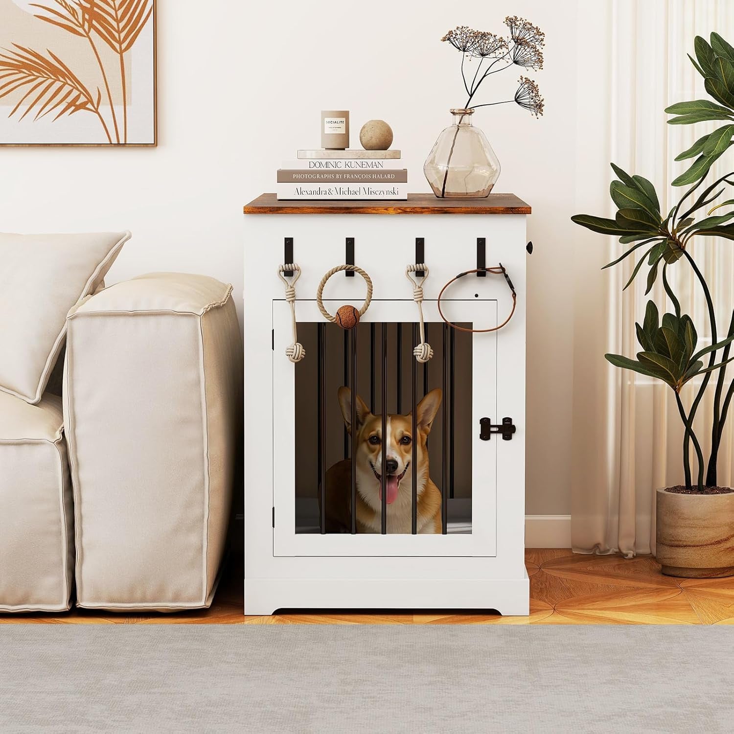 40" Dog Crate Furniture, Wooden Dog Kennel Furniture with Storage Drawers, End Table Dog House Indoor, Decorative Dog Crates for Small Medium Large Dog, White