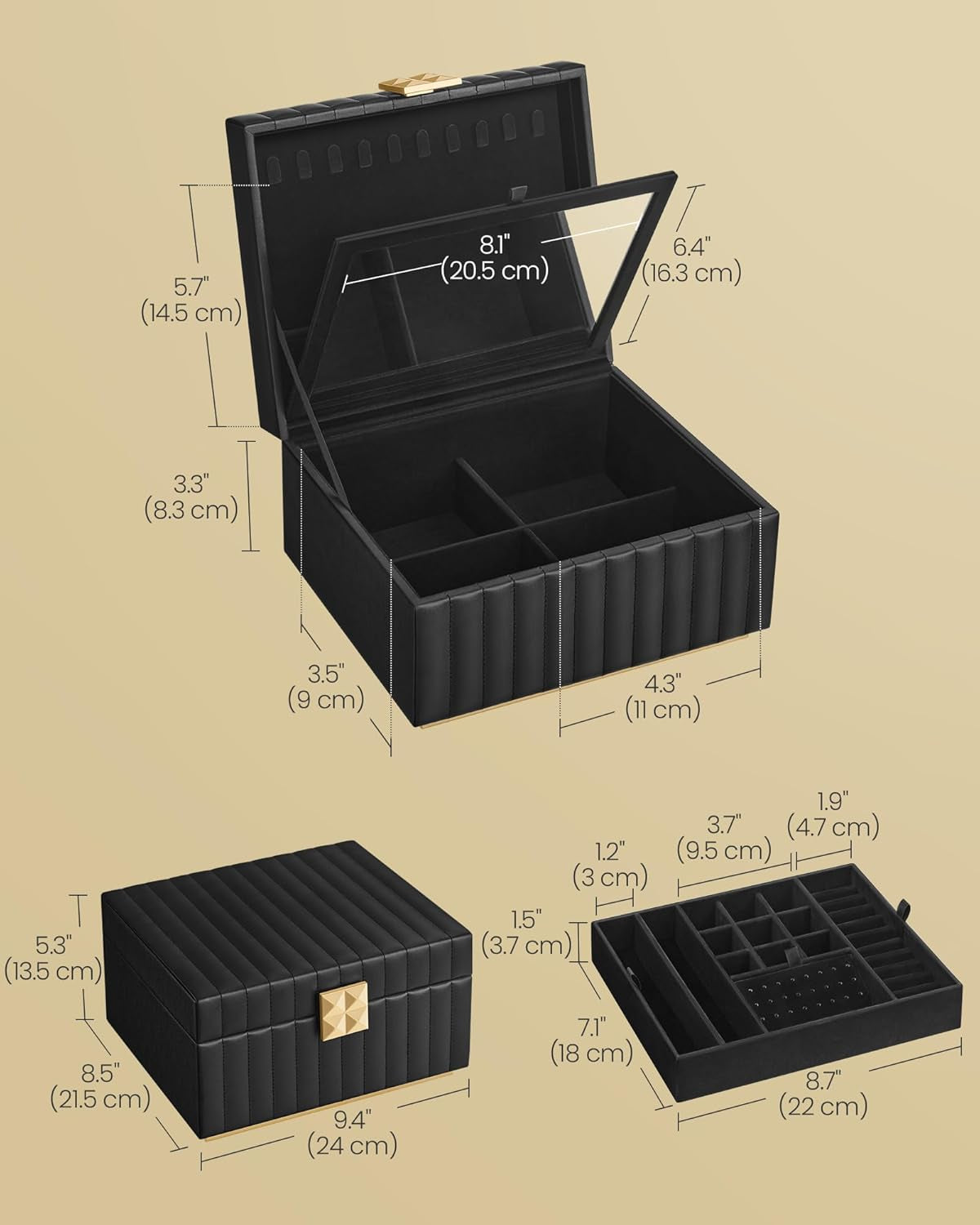 HOME 2-Tier Jewelry Box with Mirror, Jewelry Organizer, Removable Tray, PU Surface with Stitching, Floating Effect, 8.5 X 9.4 X 5.3 Inches, Ink Black, ANAH Collection UJBC182B01