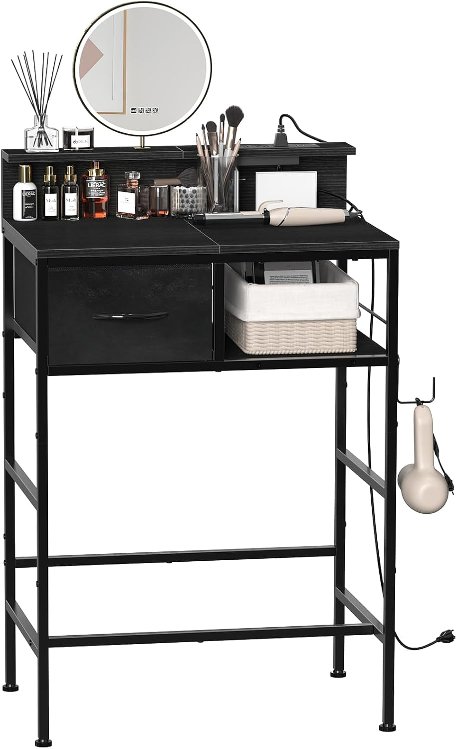 Makeup Vanity Desk without Mirror, Small Vanity Table with Fabric Drawers and Charging Station for Girls Bedroom, Simple Home Office Computer Desk for Small Spaces, Black