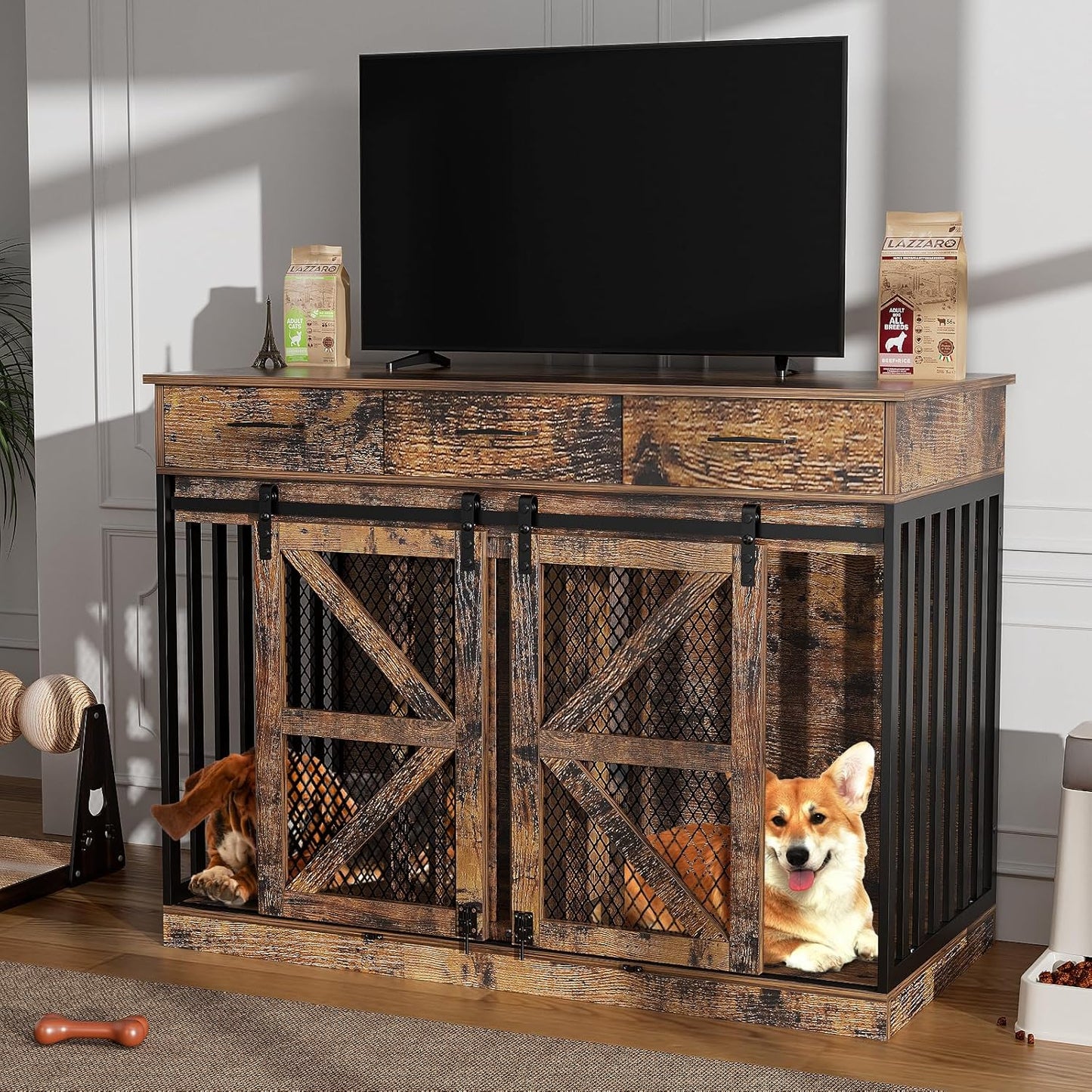 48'' Dog Crate Furniture with Removable Divider & Storage Drawers, Wooden Double Dog Cage TV Stand with 2 Sliding Barn Doors, Multi-Functional Dog Crate End Table for Indoor Use (Retro Brown)