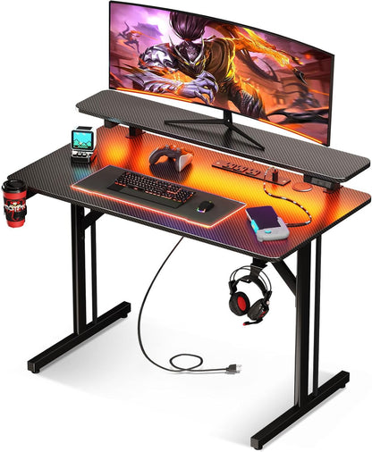 32 Inch Small Gaming Desk with LED Lights & Power Outlets, Computer Desk Gaming Table with Monitor Shelf, Gamer Desk with Carbon Fiber Texture, Kids Boys Desk Gift for Men