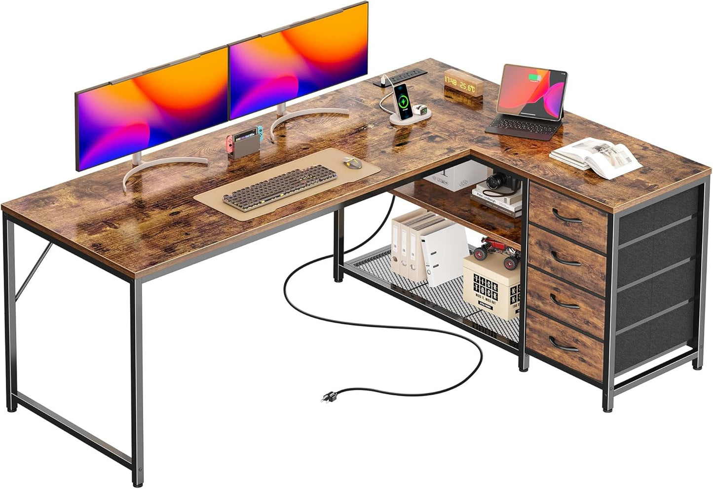 61" L Shaped Desk with Power Outlets and USB-C Port, Reversible Computer Corner Office Desk with 4 Fabric Drawers and 2 Height-Adjustable Shelves, Large for Gaming Writing Study, Rustic Brown