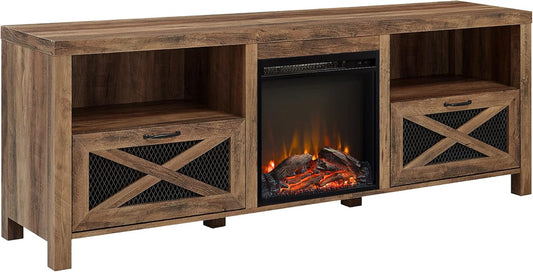 Calgary Industrial Farmhouse X-Drawer Metal Mesh and Wood Fireplace TV Stand for Tvs up to 80 Inches, 70 Inch, Rustic Oak