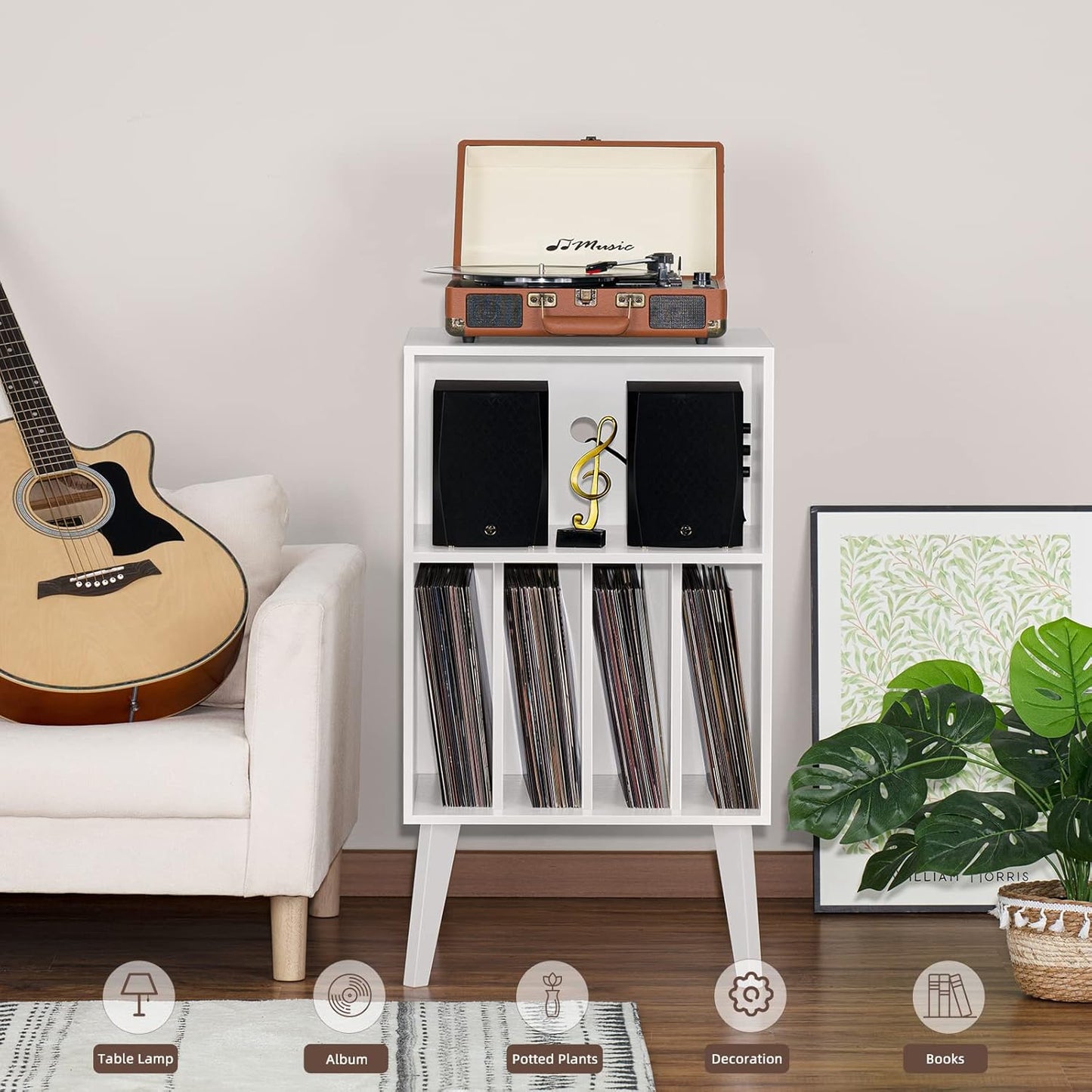 Record Player Stand, White Turntable Stand Holds up to 160 Albums, Mid-Century Vinyl Storage Cabinet Table with Solid Wood Legs, Record Player Holder Dispaly Shelf for Bedroom Living Room