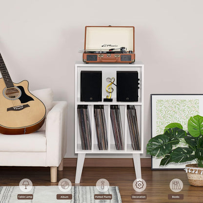 Record Player Stand, White Turntable Stand Holds up to 160 Albums, Mid-Century Vinyl Storage Cabinet Table with Solid Wood Legs, Record Player Holder Dispaly Shelf for Bedroom Living Room