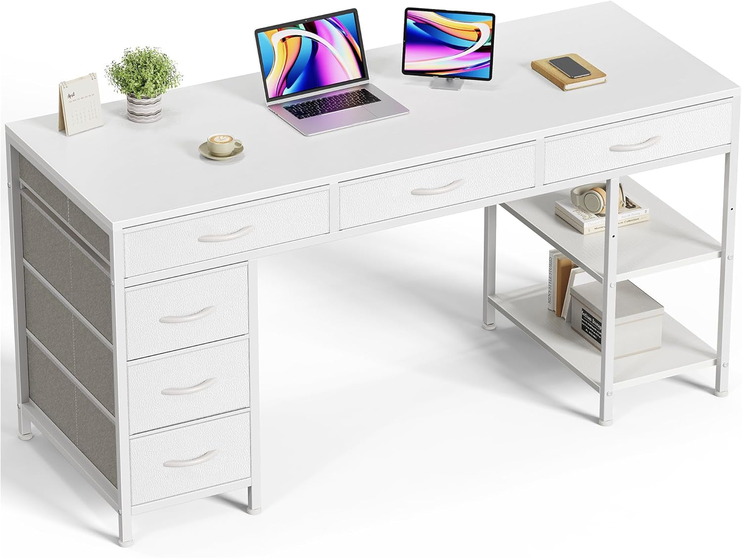 Computer Desk with 6 Drawers, 54 Inch Office Desk with Shelves, Reversible Gaming Desk, Corner Desk with Storage, Work Desk for Home Office, Study, Living Room, White