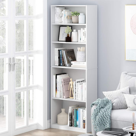 JAYA Book Shelf, 5-Tier Bookshelf, Bookcase with Adjustable Shelves, 9.5 X 24.5 X 71.2, for Organization and Storage, for Living Room, Bedroom, Home Office, White