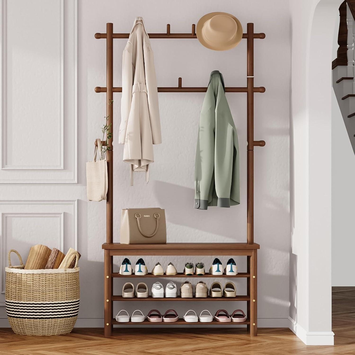 Bamboo Hall Tree with 13 Hook, 6-In-1 Entryway Bench with Coat Rack Freestanding, Coat Rack with Shoe Storage Bench Organizer for Mudroom, Bedroom, All-In-One Shoe Rack,Walnut