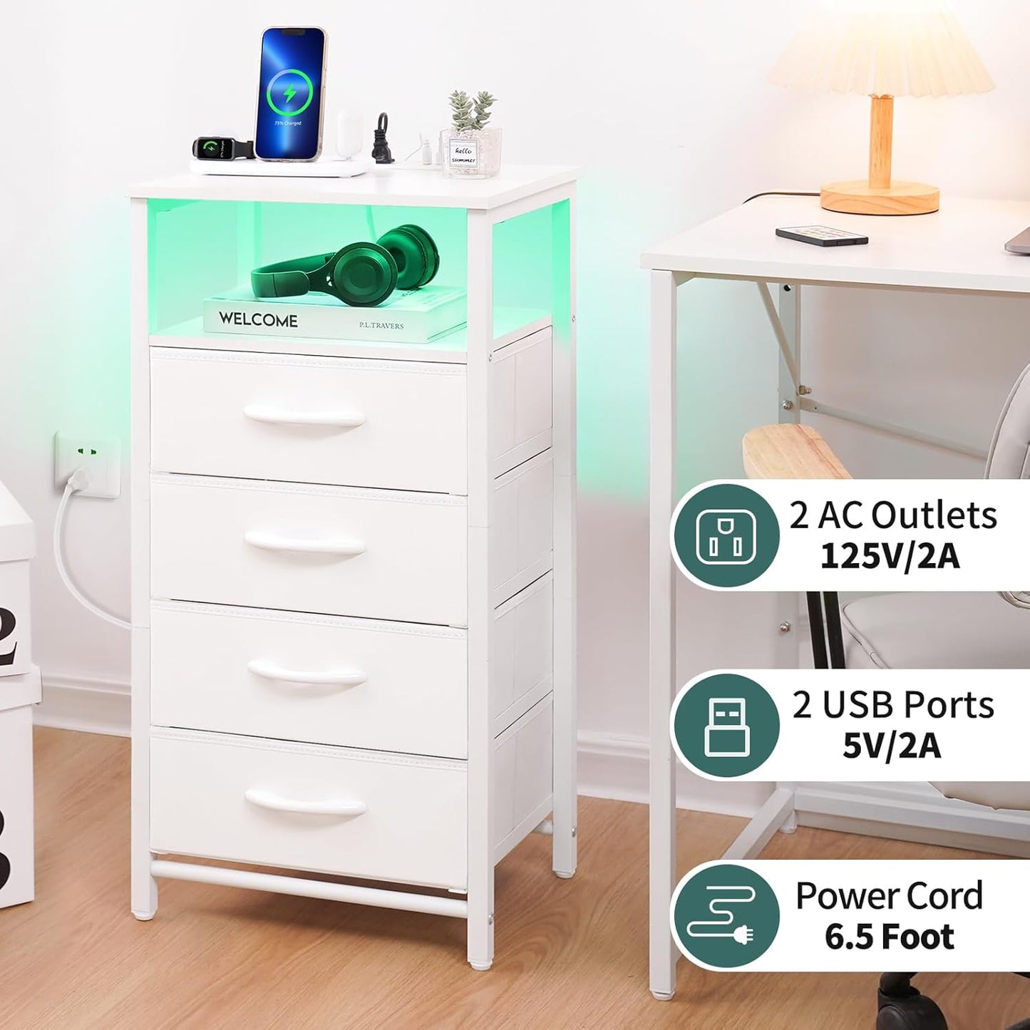 Night Stand - LED White Nightstand with Charging Station, Bedside Table with 4 Storage Drawers and Storage Shelf, End Table with USB Ports and Outlets, Tall Dresser for Bedroom