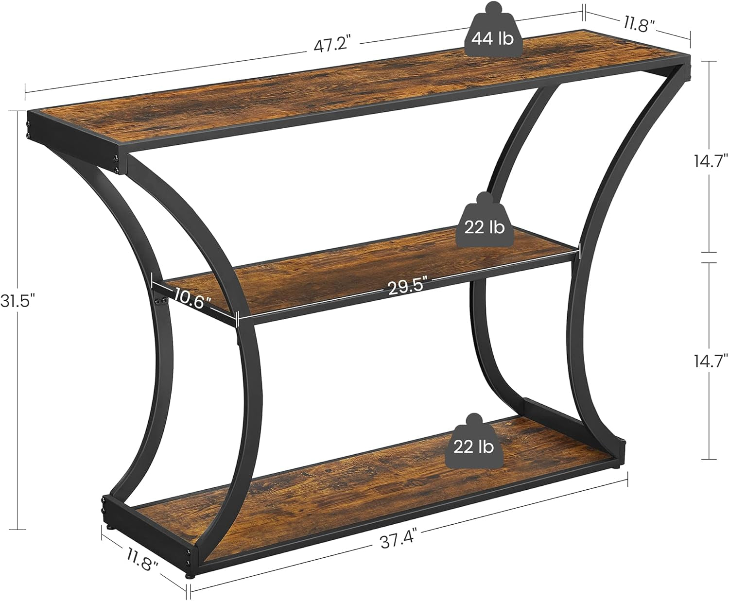 Console Table with Curved Frames and 2 Open Shelves, for Hallway Entryway Living Room, Rustic Brown + Black, 11.8 X 47.2 X 31.5 Inches
