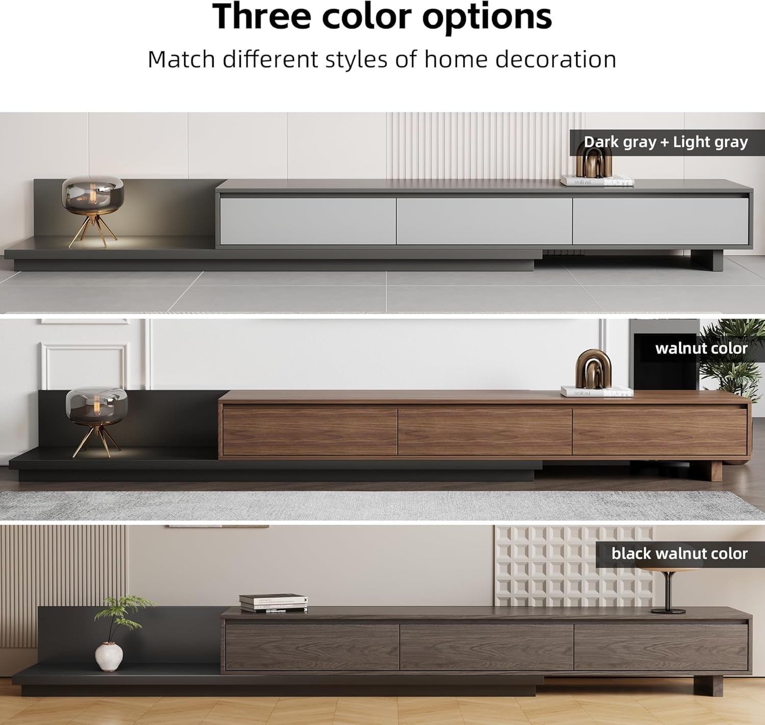 Mid-Century Modern Extendable TV Cabinet with 3 Drawers,Entertainment Center Adjustable from 78.7" to 130",TV Stand for Living Room,Black Walnut