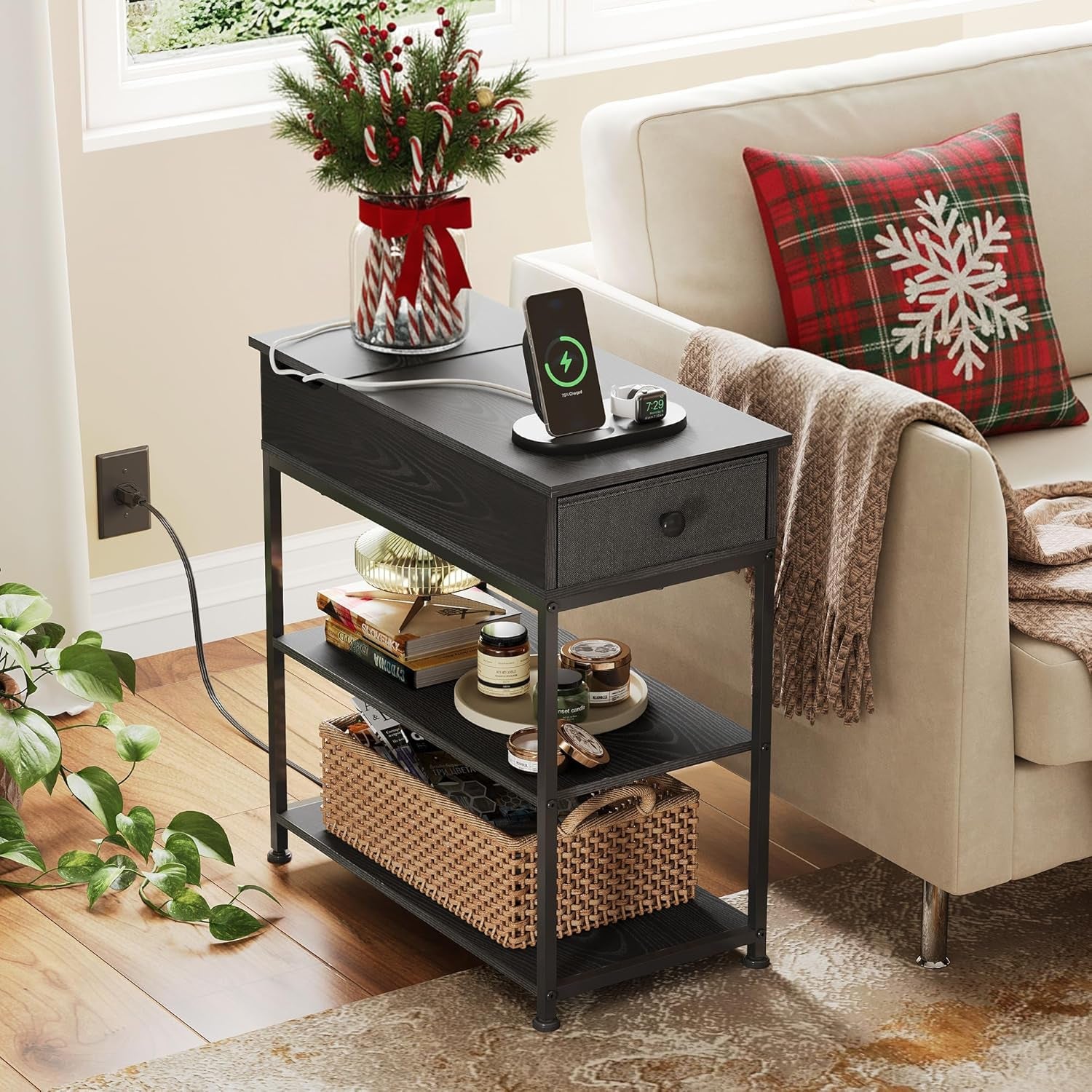 Narrow Side Table with 2 USB Ports and 2 Outlets, Flip Top Black End Table with Drawer and Storage Shelves, Small Nightstand with Charging Station for Living Room/Bedroom