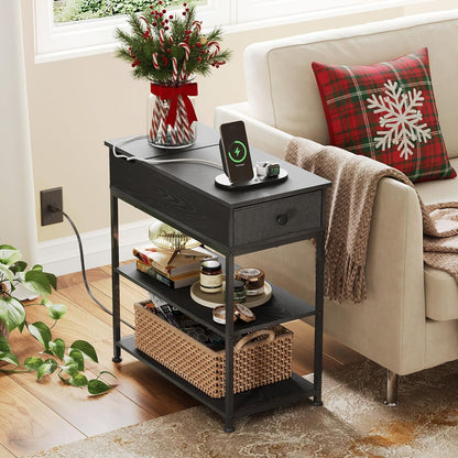 Narrow Side Table with 2 USB Ports and 2 Outlets, Flip Top Black End Table with Drawer and Storage Shelves, Small Nightstand with Charging Station for Living Room/Bedroom