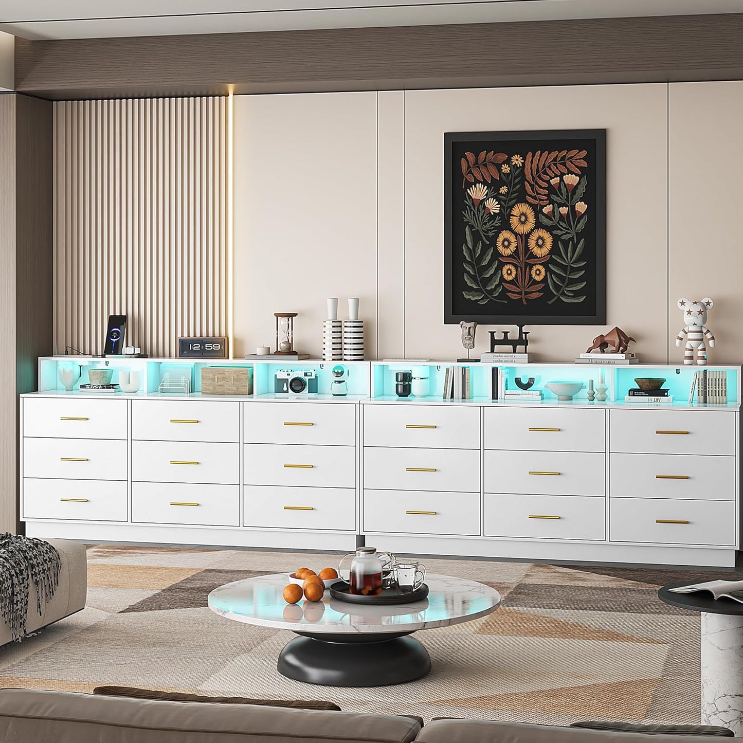 White 9 Drawer Dressers for Bedroom, Modern Large Dresser with LED Light and Power Outlet, Wooden Long Dresser for Bedroom, Entryway, Hallway