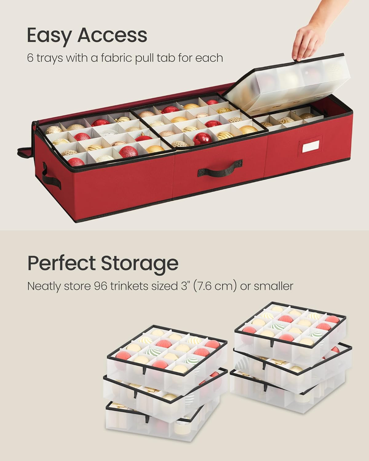Christmas Ornament Storage Box, 96 Slots of 3 Inches, 38 X 13.2 X 6.9 Inches, Bauble Storage Box with Dividers, Oxford Fabric, Zippers, Side Handles, under the Bed, Cherry Red URFB042R01