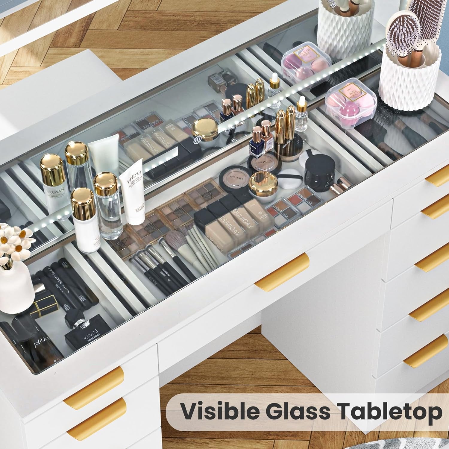 Glass Top Vanity Desk with Mirror and Lights, 11 Drawers Makeup Vanity with Charging Station and Chair, Golden Handles Dressing Table, 3 Lighting Modes Makeup Table, White