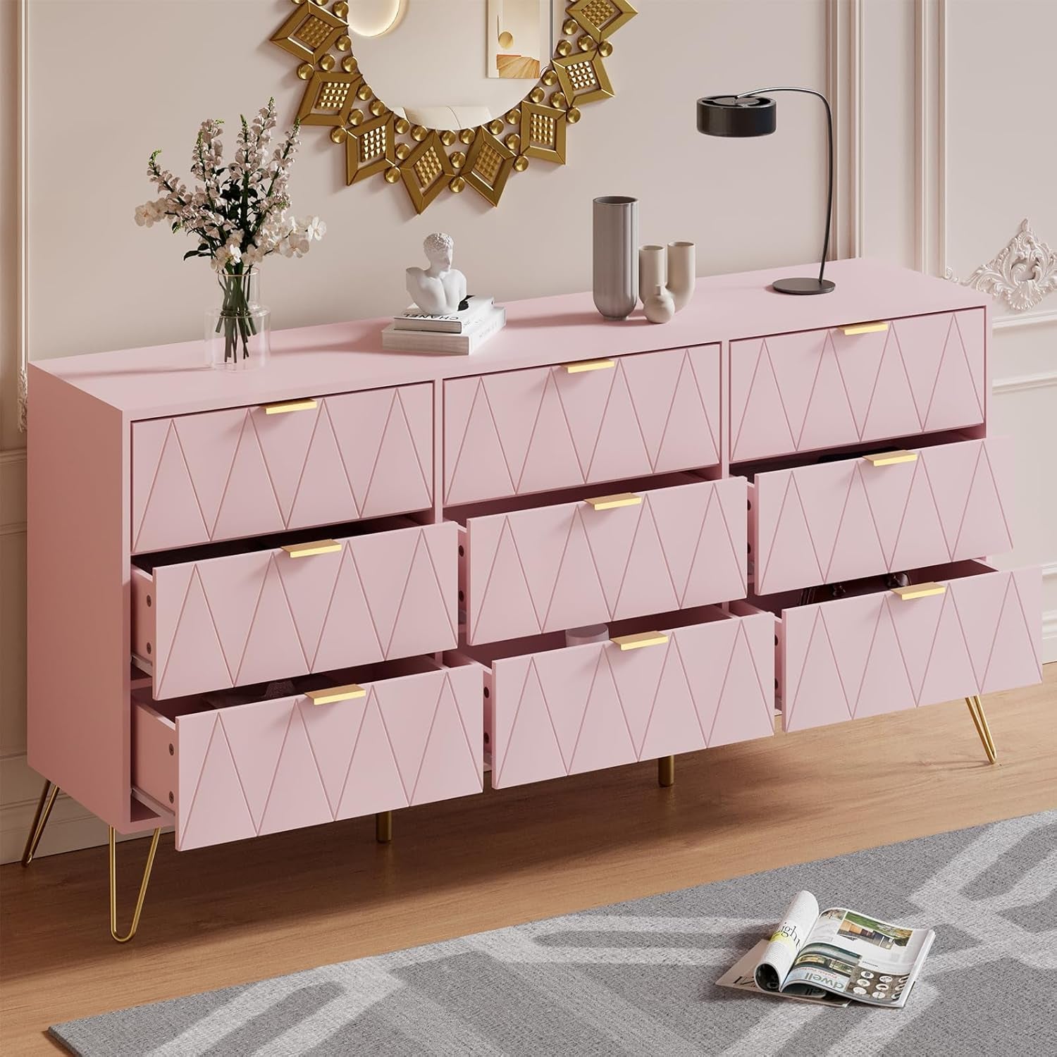 Pink 9 Drawer Dresser and Night Stand Sets for Bedroom, Two Drawers Nightstand Set of 2 & 9 Drawer Dresser Combo 3 Pieces (Pink)