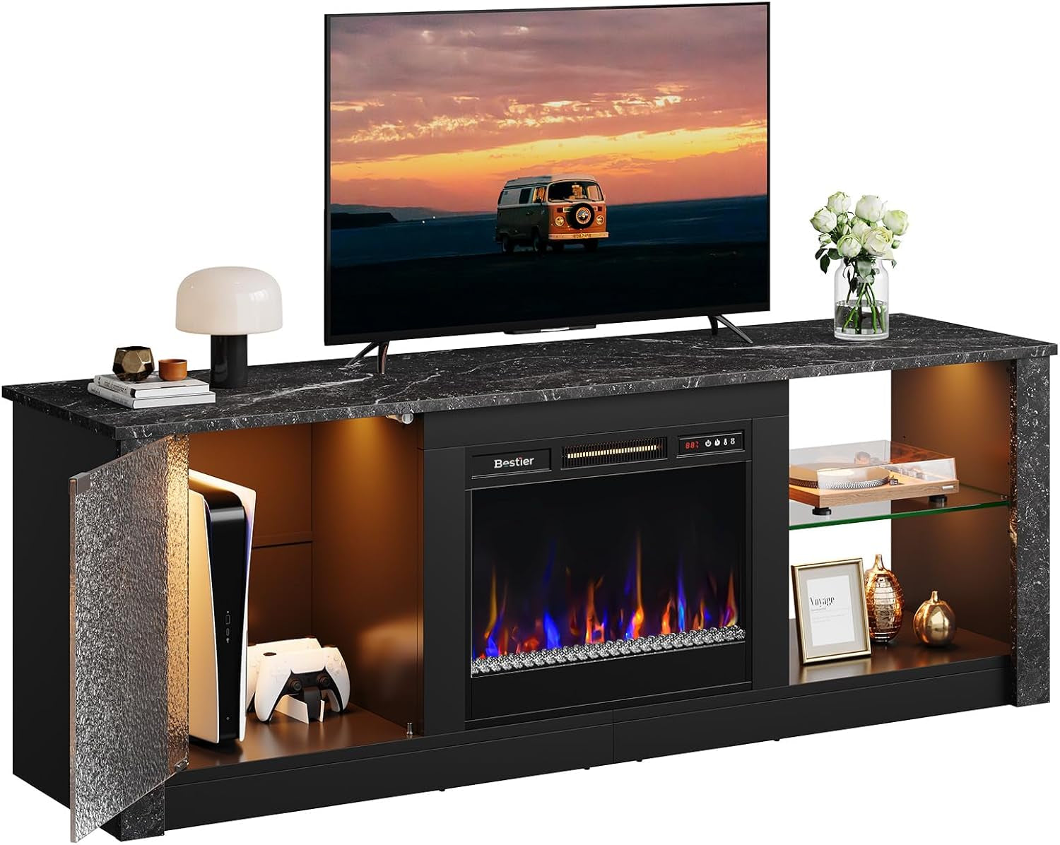 63" Modern Fireplace TV Stand for Tvs up to 70", Electric Entertainment Center with Adjustable LED Storage Cabinets, Textured Door, Farmhouse Media Console for Living Room, Black Marble