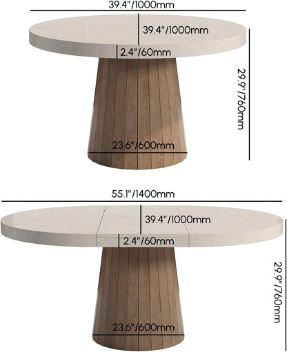 round Extendable Dining Table with Pedestal Base, 39"-55" Expandable Dining Room Table Oval Kitchen Dinette Table for 4-6 (Gray & Walnut)