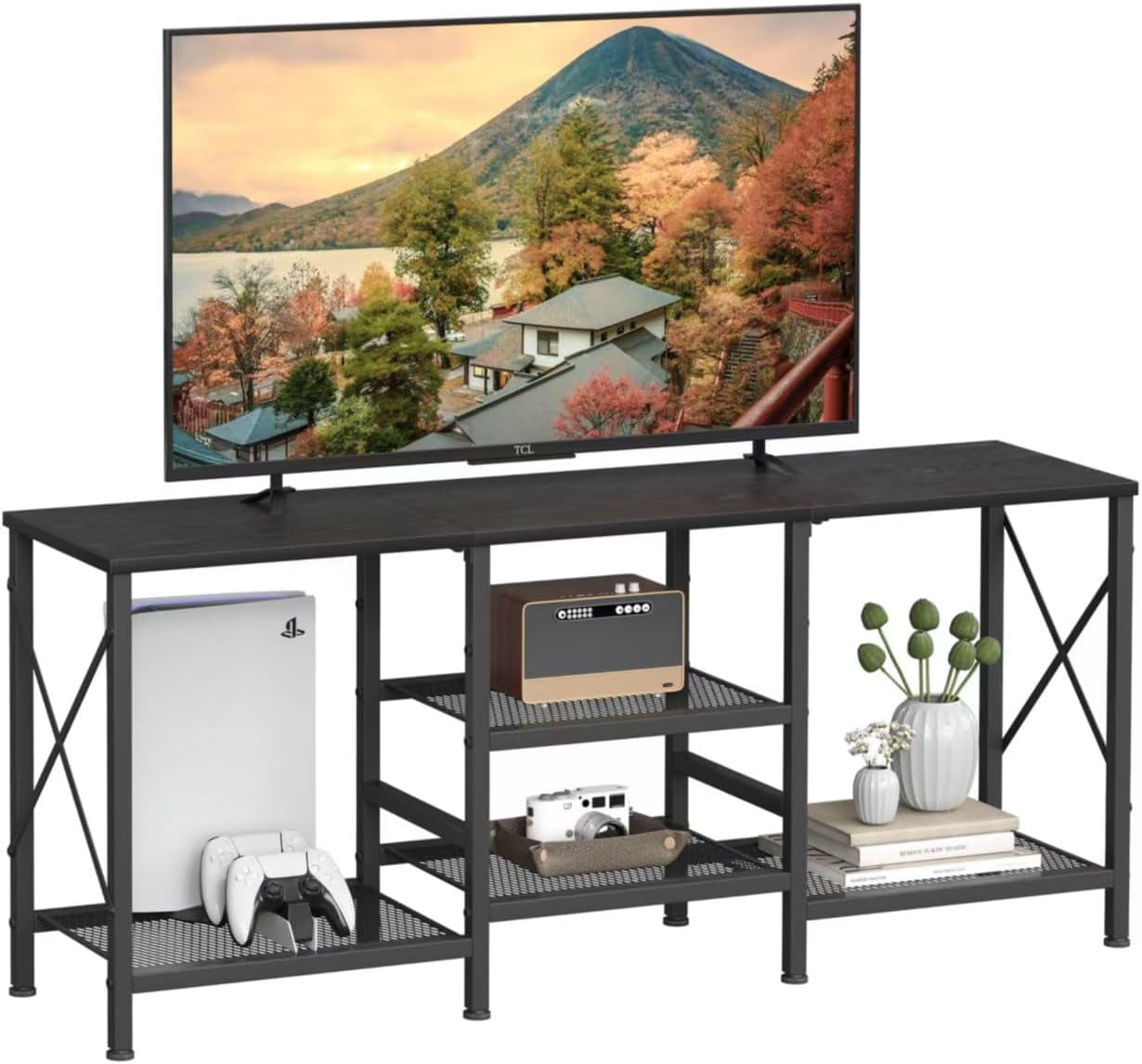 TV Stand for 55 Inch TV, Entertainment Center with 3-Tier Open Shelves, TV Console Table for Living Room, Bedroom, Black
