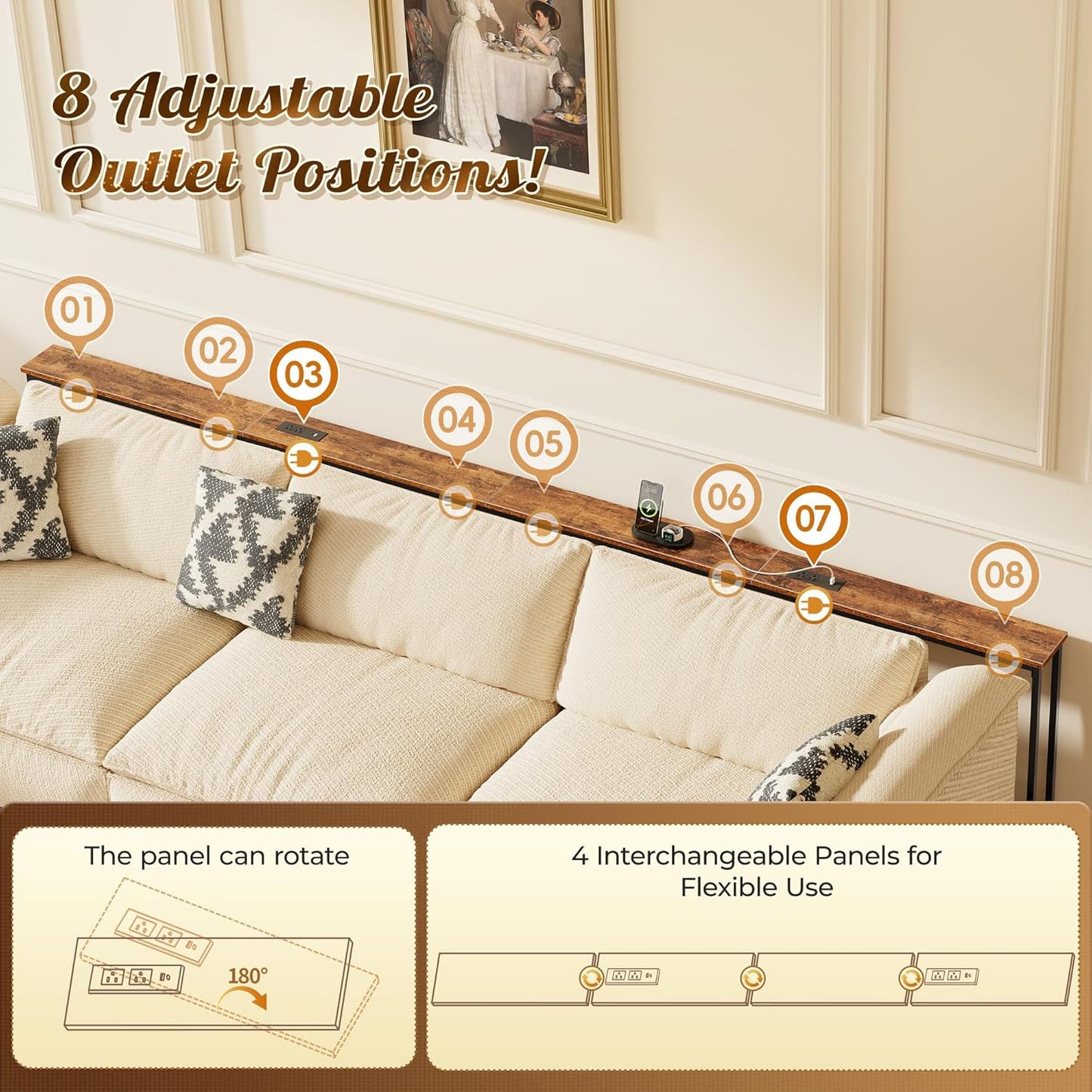 118 Inch Sofa Table with Power Outlets and USB-C Ports, 5.9 Inch Narrow Entryway Table, behind Couch Table with Storage, Extra-Long Console Table, Living Room, Rusitc Brown