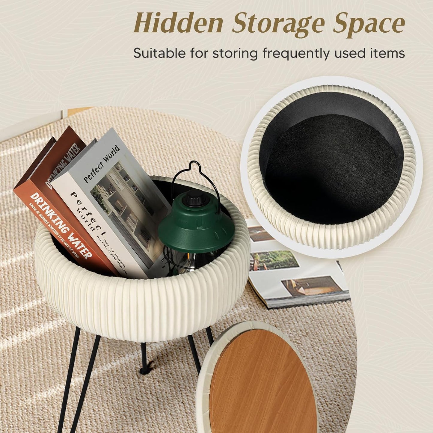 Velvet Vanity Stool with Storage, round Ottoman Vanity Chairs with Anti-Slip Feet, Dressing Table Seat Foot Stool with Black Legs, Furry Padded Seat Side Table for Makeup Bedroom, White