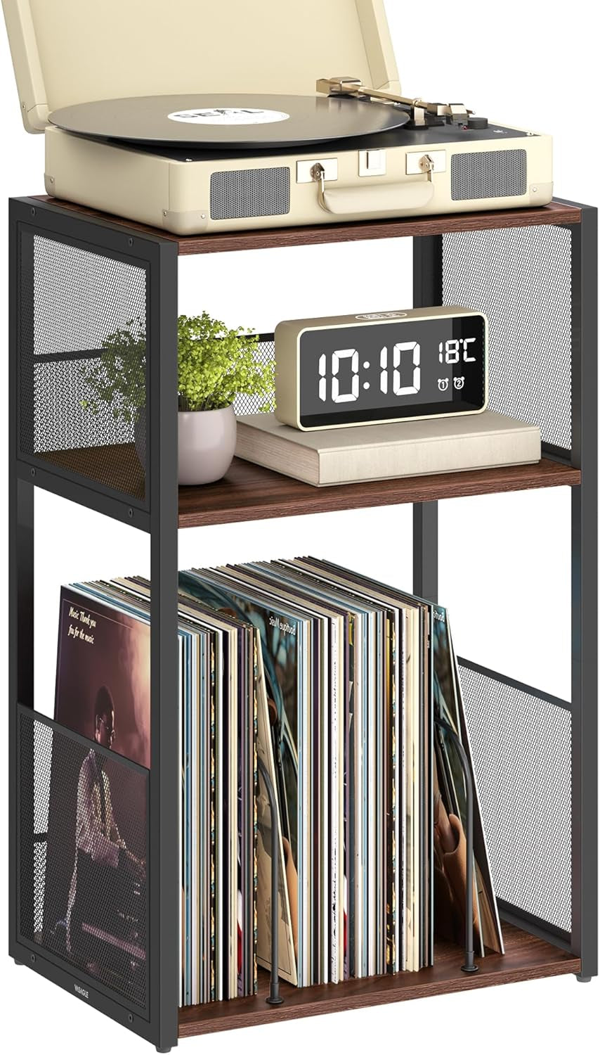 Record Player Stand, 3-Tier Side Table, Vinyl Record Storage up to 100 Albums, End Table for Living Room, Bedroom, Natural Walnut ULET275K02