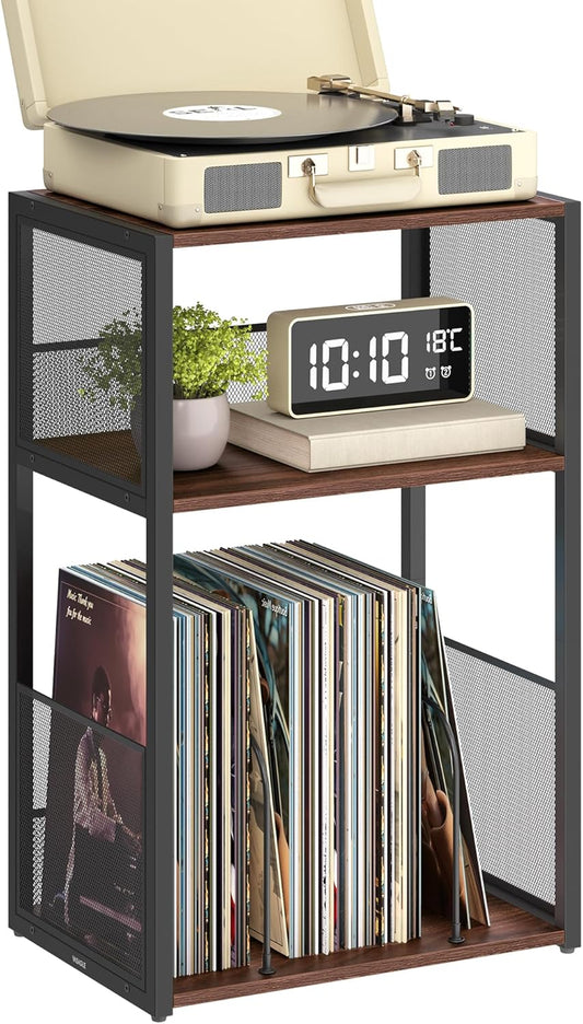 Record Player Stand, 3-Tier Side Table, Vinyl Record Storage up to 100 Albums, End Table for Living Room, Bedroom, Natural Walnut ULET275K02