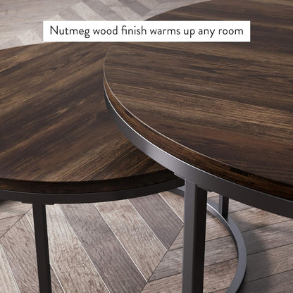Stella round Modern Nesting Coffee Set of 2, Stacking Living Room Accent Tables with an Industrial Wood Finish and Powder Coated Metal Frame, Warm Nutmeg/Matte Black