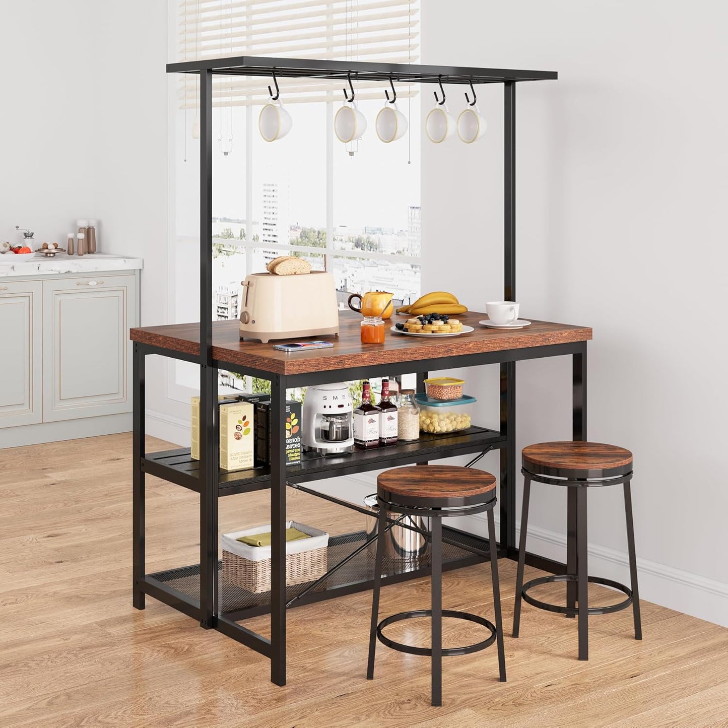 Kitchen Island with Storage, 42''Island Table for Kitchen with Seating Bakers Rack Microwave Oven Stand Shelf with 3 Tier Storage Shelf for Dining Room Living Room, 5 Hooks 42"*28"*72"