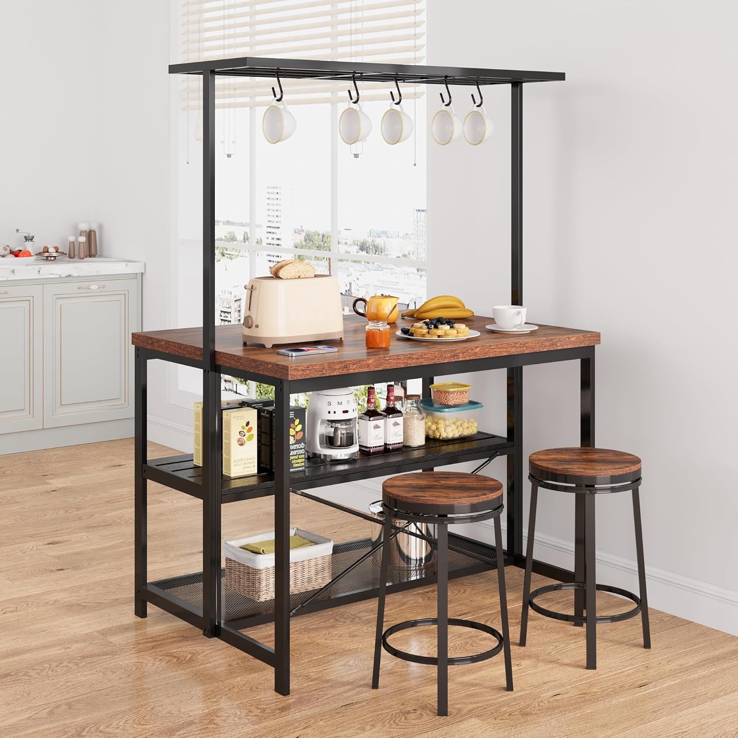 Kitchen Island with Storage, 42''Island Table for Kitchen with Seating Bakers Rack Microwave Oven Stand Shelf with 3 Tier Storage Shelf for Dining Room Living Room, 5 Hooks 42"*28"*72"