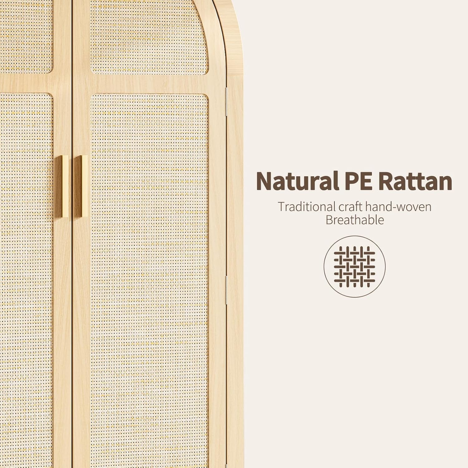 Armoire Wardrobe Closet with 4 Drawers - Wood Bedroom Armoires and Wardrobes with Rattan Doors for Hanging Clothes, Tall Clothing Cabinet Arched Closets for Cloak Room, Large Capacity Storage