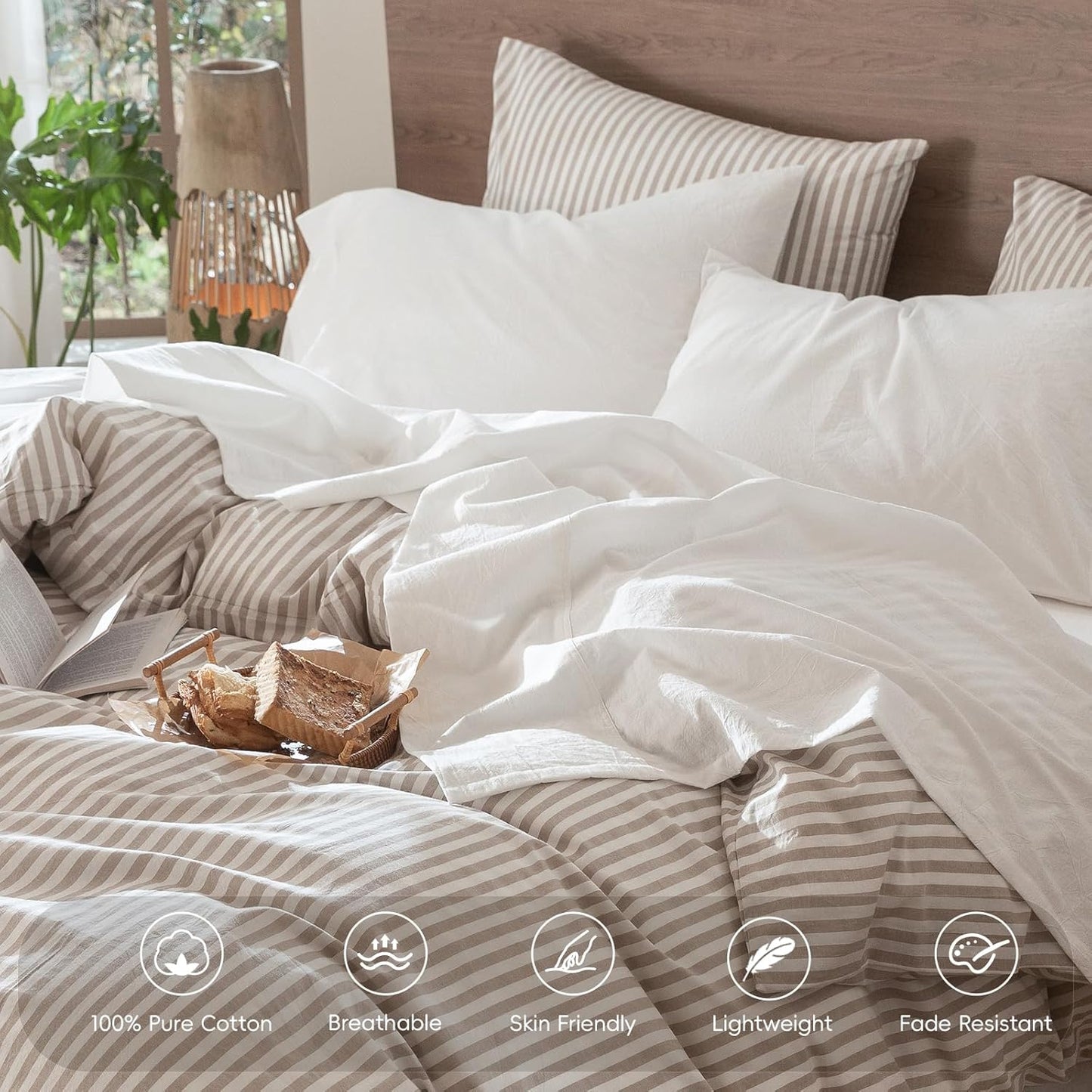 Bedding Sheet Set 100% Washed Cotton Linen like Textured Breathable Durable Soft Comfy (Solid off White, Queen)