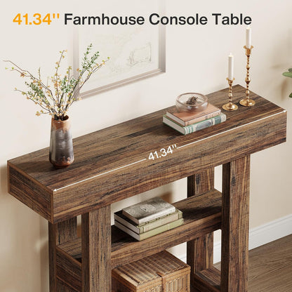 41.34-Inch Farmhouse Console Table, 2-Tier Narrow Sofa Table behind the Couch, Entryway Furniture with Storage Shelves for Hallway Foyer Living Room, Light Brown