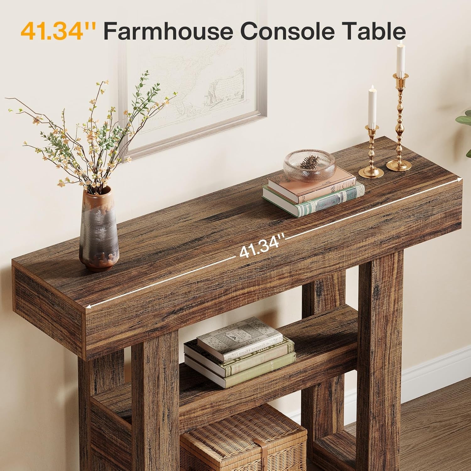 41.34-Inch Farmhouse Console Table, 2-Tier Narrow Sofa Table behind the Couch, Entryway Furniture with Storage Shelves for Hallway Foyer Living Room, Rustic Brown