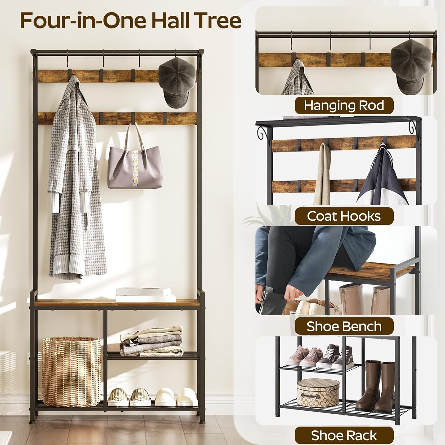 Coat Rack Shoe Bench, 4-In-1 Hall Tree with Storage Shelves and Hanging Rod, Entryway Storage Organizer with 8 Movable Hooks, for Entryway, Hallway, Corridor, Rustic Brown and Black MT12BR