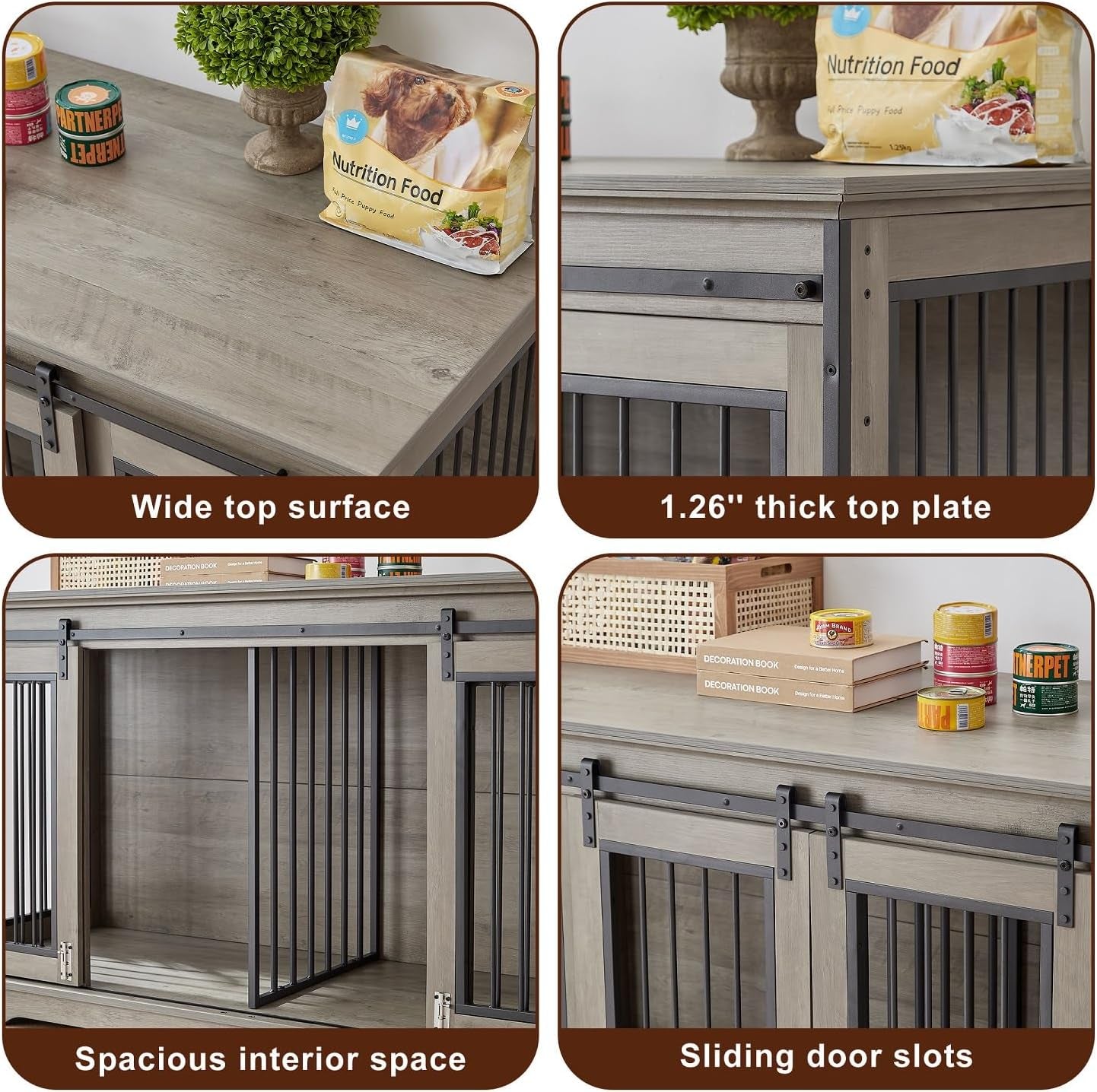 Large Wooden Dog Crate Furniture with Sliding Barn Door, 60.6" Indoor Kennel with Divider, TV Stand XXL for Large Dog or 2 Medium Dogs