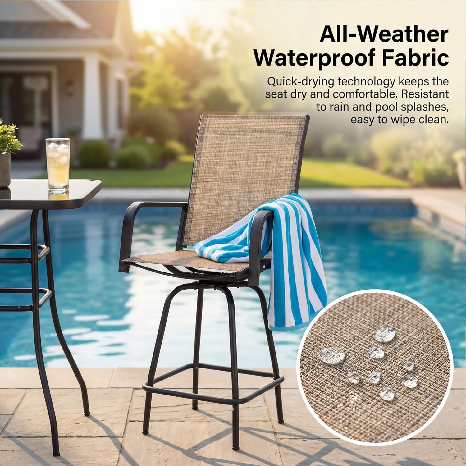 3-Piece Patio Bar Set, High Top Table & 2 Swivel Bar Stools with Textilene Fabric, Outdoor Bistro Furniture for Balcony, Backyard, Poolside (Brown)