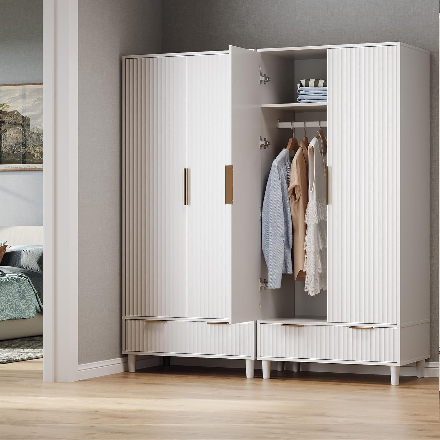 Fluted Wardrobe Closet Armoire with Doors and Drawers, White Wardrobe Cabinet with Hanging Rack, Bedroom Closet Wood, Free Standing Armoire with Shelf and Solid Wood Legs, 31.5"W*19.7"D*69.3"H