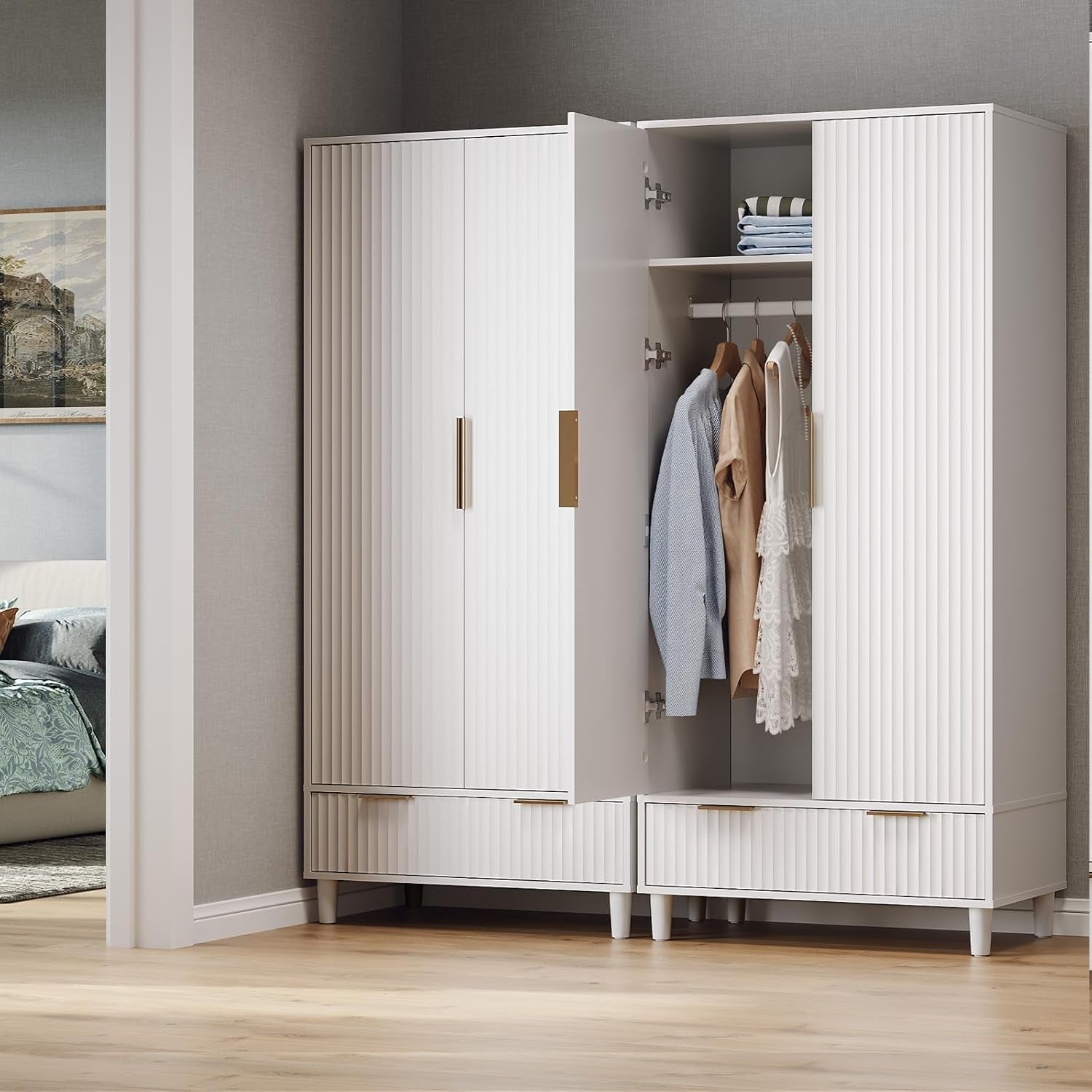 Fluted Wardrobe Closet Armoire with Doors and Drawers, White Wardrobe Cabinet with Hanging Rack, Bedroom Closet Wood, Free Standing Armoire with Shelf and Solid Wood Legs, 31.5"W*19.7"D*69.3"H