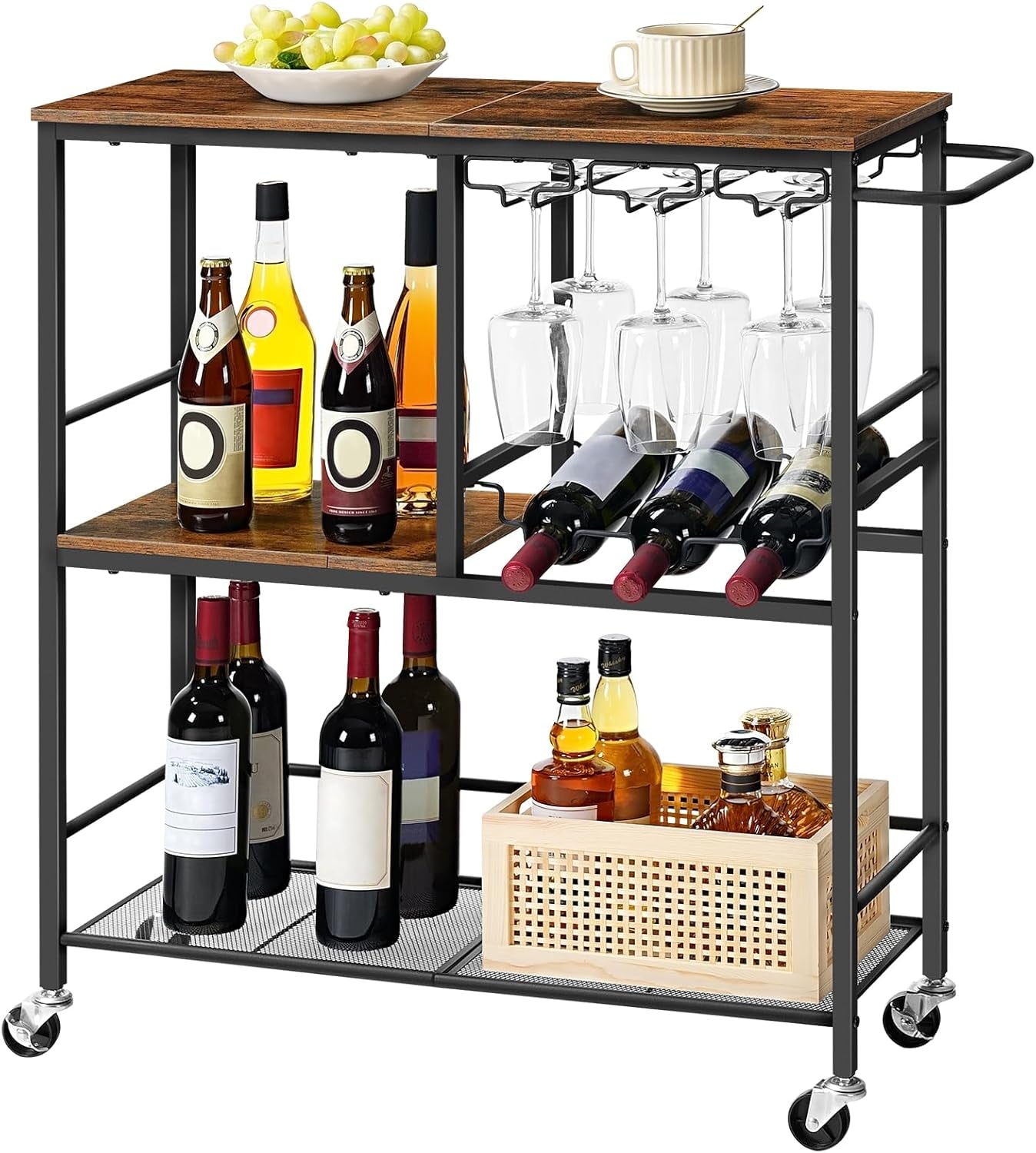 Bar Cart for the Home, 29.5 Inches 3-Tier Serving Cart with Wheels, Rolling Kitchen Cart with Wine Rack and Glass Holder for Living Room, Party, Bar, Rustic Brown and Black BF21TC01G1
