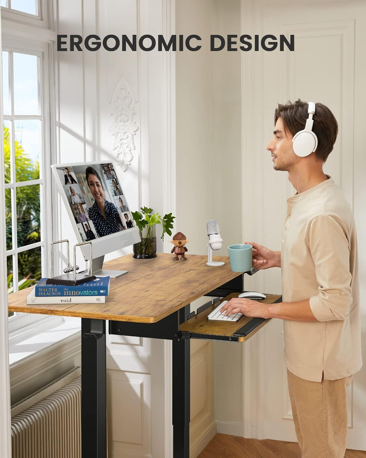Electric Standing Desk with Keyboard Tray, 44X24 Inches Adjustable Height Sit Stand up Desk, Home Office Desk Computer Workstation, Vintage Brown
