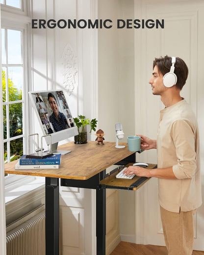 Electric Standing Desk with Keyboard Tray, 44X24 Inches Adjustable Height Sit Stand up Desk, Home Office Desk Computer Workstation, Vintage Brown
