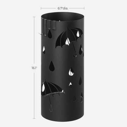Umbrella Stand, Metal Umbrella Holder for Entryway, with Water Tray and 4 Hooks, 6.7 X 6.7 X 16.1 Inches, Round, Ink Black ULUC024B01