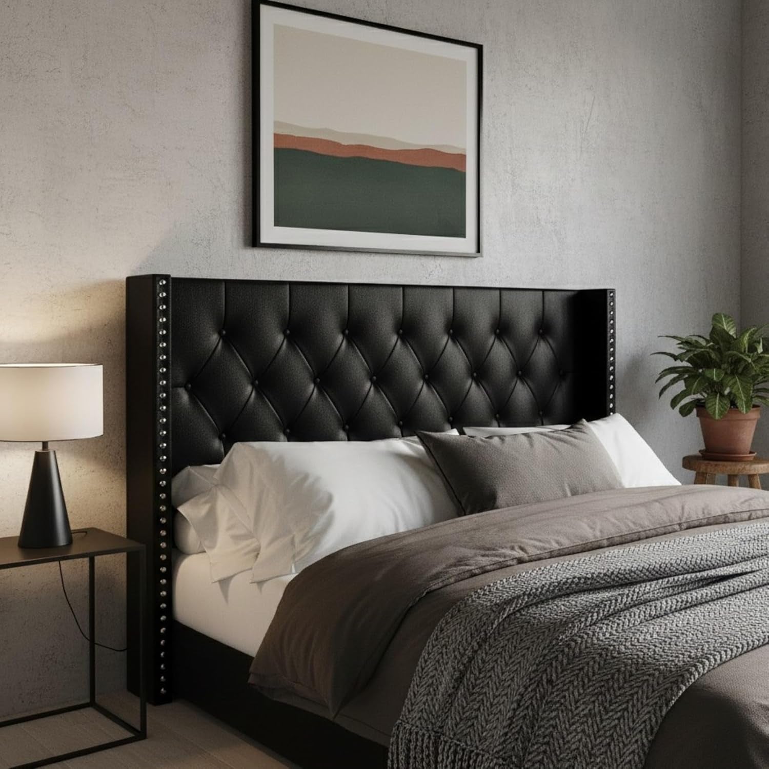 Sonoma King Tufted Upholstered Headboard, Wingback Design with Nailhead Trim and Foam Padding, Black