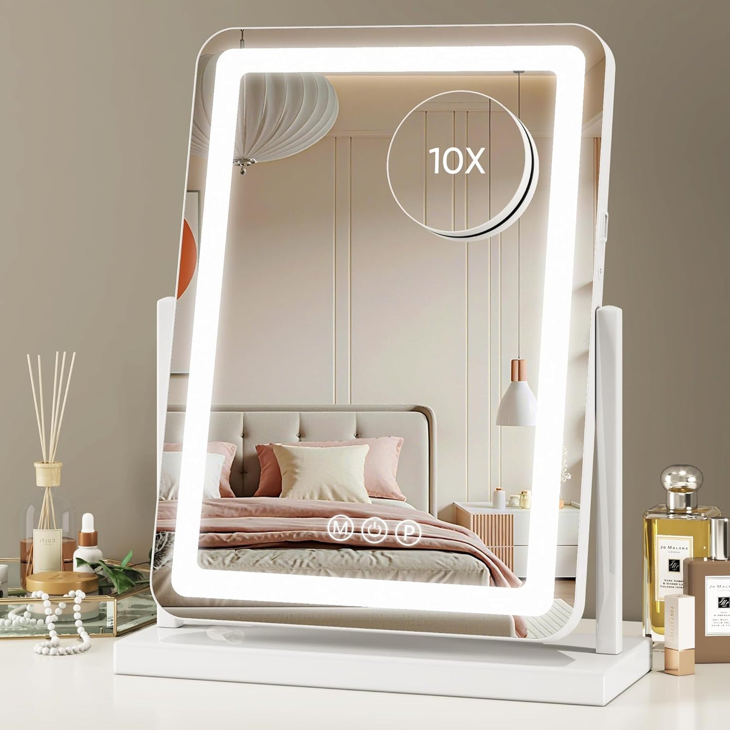 Vanity Mirror with Lights, 18"X13" Hollywood Lighted Makeup Mirror for Tabletop & Bedroom 3 Color Lighting Modes Smart Touch Control 360° Rotation Detachable