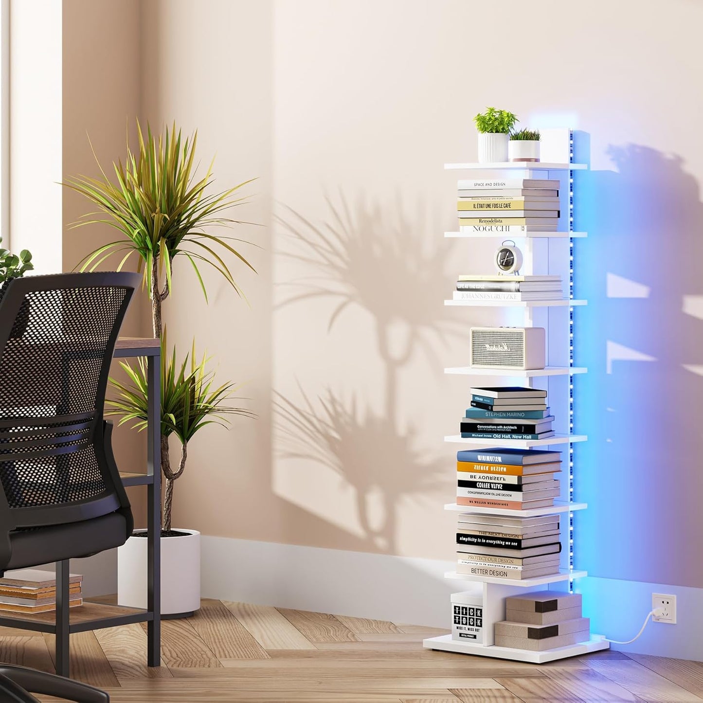 Narrow Bookshelf, 8-Tier Bookcase with LED Lights, Spine Book Shelf for Small Space, Corner Standing Shelf for Living Room, Office, Study, Entryway, White BS06BW008L