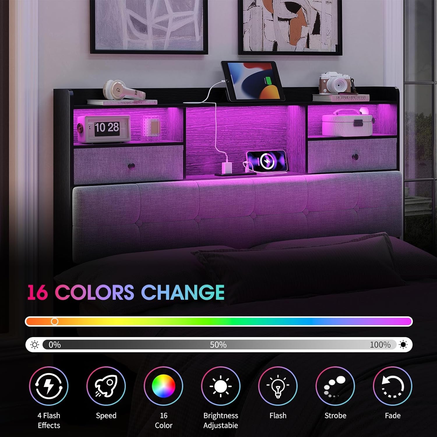 Headboard Queen Size with Storage, Queen Headboard Only with 2 Drawers, Charging Station and LED Lights, Upholstered Headboards Easy Assembly, Black&Grey