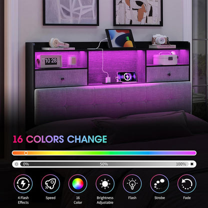 Headboard Queen Size with Storage, Queen Headboard Only with 2 Drawers, Charging Station and LED Lights, Upholstered Headboards Easy Assembly, Black&Grey